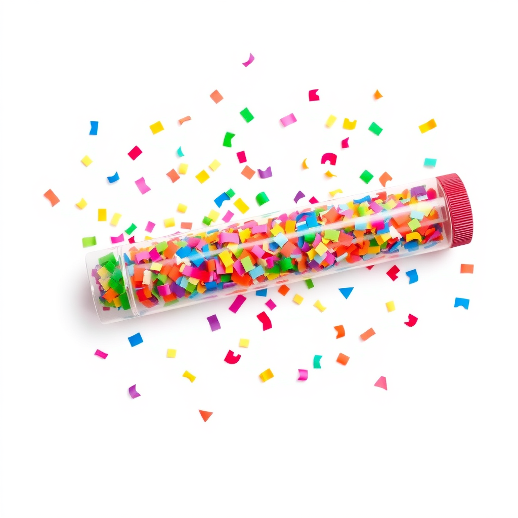 colorful confetti popper tube lying flat at an angle with confetti around it, white background, comic style