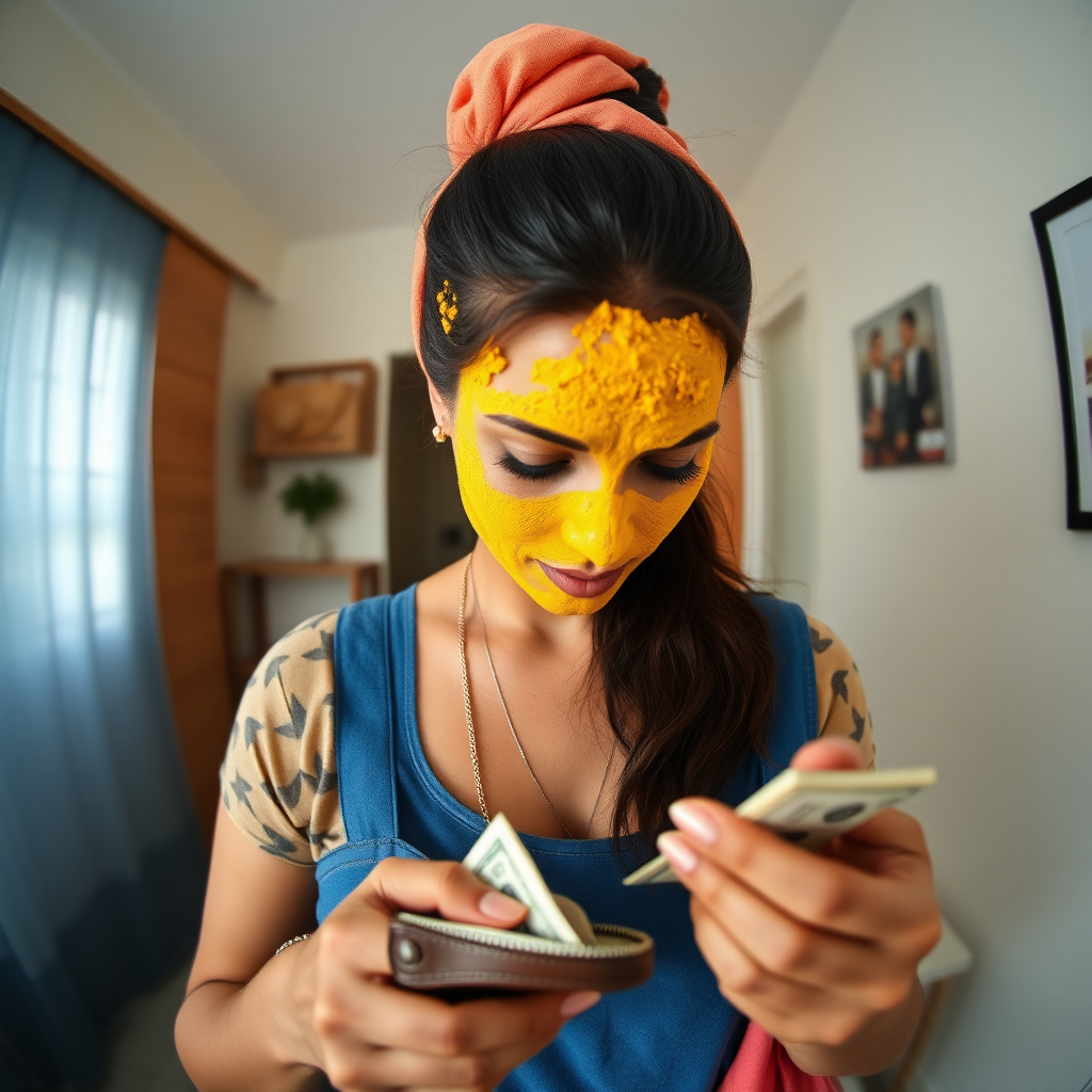 wide angle image of a slim, curvy, 30 year old indian maid with hair covering bun, her face is covered with turmeric mask. she is stealing money from wallet.