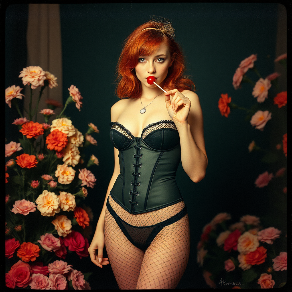 a scan of an old film photo with heavy dark vignetting and color ting and light leak and visible wear and cracking with visible lines from being folded depicting a sexy curvy alt goth girl with red hair wearing a cupless underbust corset and fishnet bra barely covering nipples and with tiny tight fishnet bikini gstring thong panties standing in a photography studio filled with flowers, sucking on a small red lollipop with innocent look on her face