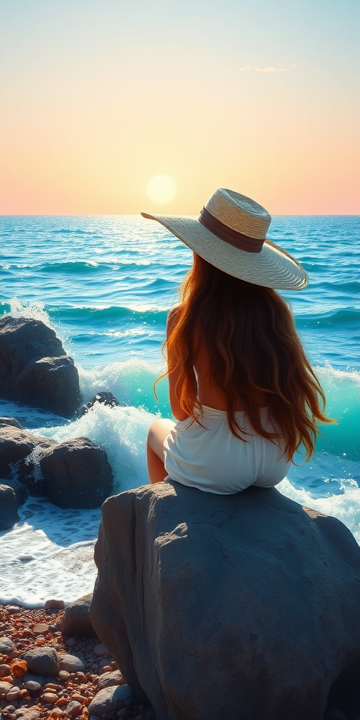 In a tranquil coastal setting, a young woman with lustrous, long, flowing hair is elegantly perched on a jagged rock, her silhouette beautifully framed by the contrasting azure sea. She dons an oversized, wide-brimmed hat, crafted from delicate straw, which casts a gentle shadow over her serene face, hinting at a contemplative expression. The waves crash around her with rhythmic ferocity, sending delicate sprays of saltwater glimmering in the sunlight, while a playful breeze dances through her cascading hair, creating a mesmerizing spectacle of movement.

Surrounding this scene, the picturesque shoreline is adorned with shimmering pebbles and the occasional seaweed, contributing to the beach's vibrant texture. The sky above is painted in soft pastels, transitioning from warm peach to icy blue as the sun begins its descent into the horizon. The scene is rendered in a style reminiscent of Pino Daeni's academic art, infused with the soft, atmospheric qualities of Australian tonalism.

This stunning 8k resolution artwork comes to life through a masterful gouache technique, resembling an ethereal watercolor museum display. Each thick brushstroke and layer of impasto gouache brings depth and richness, enveloping the viewer in an immersive landscape. The cool color splashes contrast against warmer highlights, creating a dynamic interplay that draws the eye across the canvas. The matte painting technique enhances the sophistication of this impressionist maximalist masterpiece, making the viewer feel as though they could step into this serene moment by the sea.