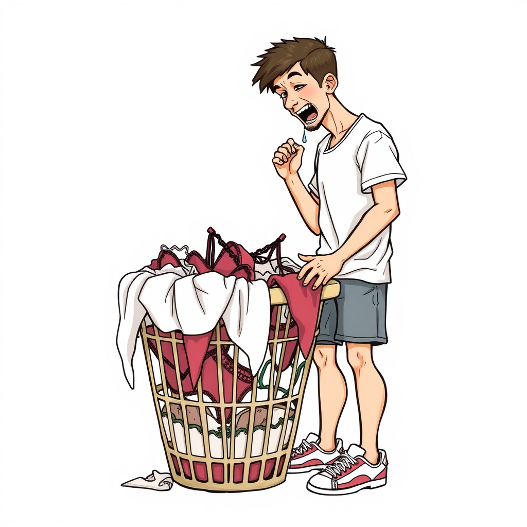 nervous short 20 year old european skinny man, short white t-shirt, standing, stunned, mesmerized, joyful, aroused, heavy drooling, heavy sweating, fumbling through a small dirty laundry basket piled up with sexy woman stained lingerie, detailed fabric, side view, sneakers, detailed feet, 2D, caricature, cartoon, Sketch lines, coloring book, coloring book, no body parts,