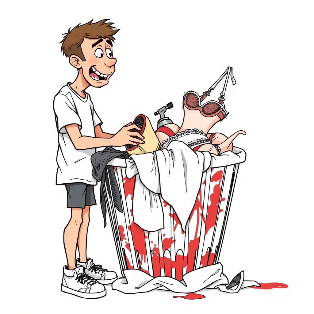 nervous short 20 year old european skinny man, short white t-shirt, standing, stunned, mesmerized, joyful, aroused, heavy drooling, heavy sweating, fumbling through a small dirty laundry basket piled up with sexy woman heavily stained lingerie, detailed fabric, side view, sneakers, detailed feet, 2D, caricature, cartoon, Sketch lines, coloring book, coloring book, no body parts, no blood