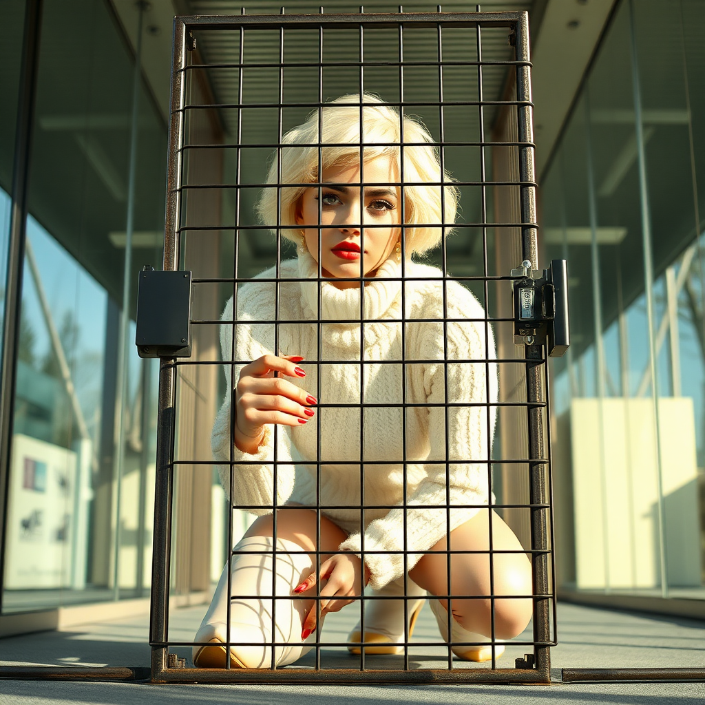 Sunny spring morning, modern glass-steel-concrete office, kneeling inside locked small steel cage, waiting for the master: Ana, European 17 years old very convincing femboy “trophy-bimbo”, tamed servile docile, very beautiful feminine flawless face, rather short boyish figure, platinum blond short tight curls, bold red lips, heavily made-up face, long French nails, wearing Supertanya-style chunky fluffy very fuzzy bright white plushy mohair figure-hugging turtleneck-knitdress with white pearl decoration, white vinyl thigh-high boots with golden heels white fur trim, pearl earrings, serious, leaning forward presenting her assets, arrogantly looking through grid at camera. Full view of office.