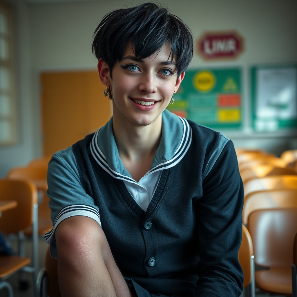 photorealistic, ultra high resolution, 16K, surreal fantasy, soft studio lighting, a pretty 17 year old goth male, slim male physique, short dark hair, blue eyes, goth makeup, earrings, sheer pantyhose, UK girls-school uniform, Mary-Jane shoes, sitting in the classroom, excited smile, facing the camera.