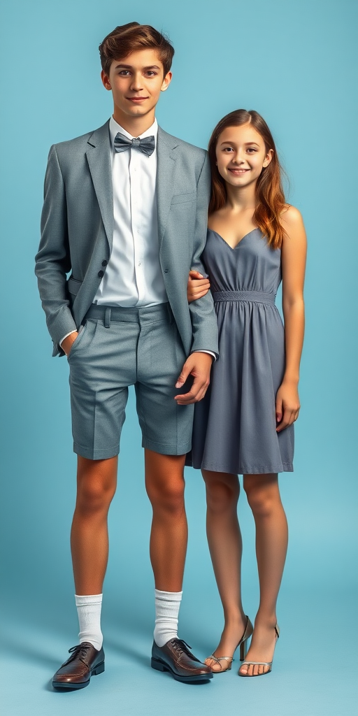 A tall 14yo teen boy, wearing bow tie, white shirt, grey formal suit with matching very tight booty shorts, tube socks, shoes, long legs, narrow thighs. With a girl wearing long dress. full-length view. light blue background. Family photo in studio. 1980s. 
photorealistic, ultra high resolution, 16K,
Negative: grainy, blurry, bad anatomy, extra limbs, watermark.