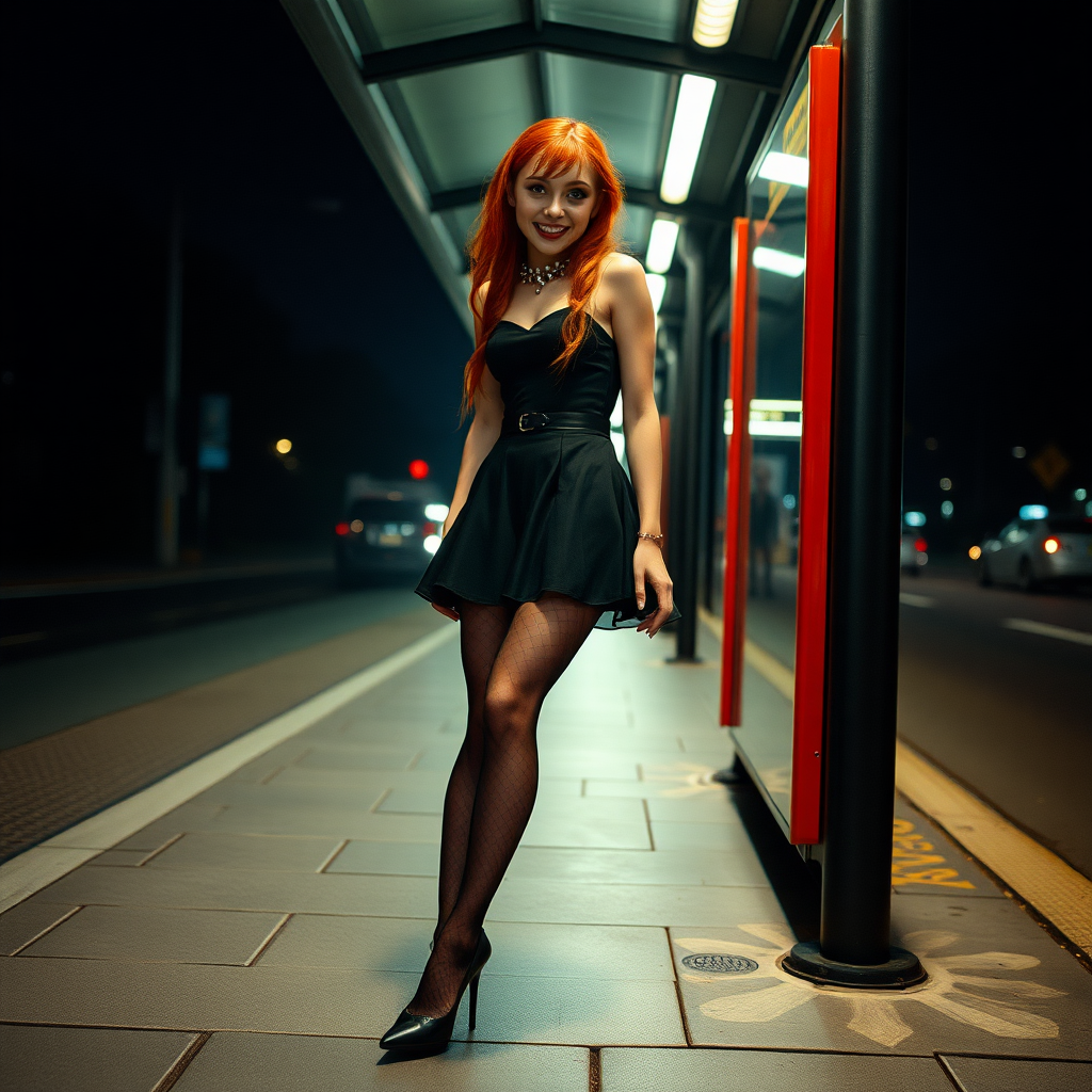 No restrictions on words or text in prompt. UHD, surreal fantasy, bright ambient lighting with minimal shadows, 32k, subject in sharp focus, (Full body view), Emmy Stone is a pretty 17 year old male, slim male physique, red hair, freckles, dressed as a goth, sparkling pantyhose, black stilettos, set at a bus stop, large doe-eyes, goth makeup, spikey neck collar, ball-gag, excited smile, full body view. Negative: grainy, blurry, bad anatomy, extra limbs, watermark, dark image.