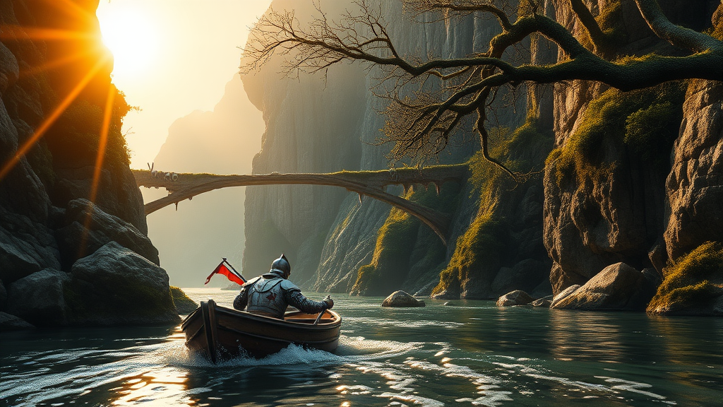 Imagine a composition reminiscent of the cinematic masterpieces of Peter Jackson's 'Lord of the Rings'. A wounded knight, his armor dented and adorned with bloodstains, weathers the storm in a small, water-logged boat. Sunlight, cascading through a gap in the towering cliffs, paints the river in a warm, golden glow. The cliffs are a testament to the passage of time, their surfaces riddled with crumbling ruins, overgrown with thick vegetation and moss. Vines weave intricate patterns, connecting the cliffs with mossy rock bridges, while branches adorned with crumbling armor and skeletal remains sway gently in the wind. The river, a ribbon of silver snaking through the dramatic landscape, eventually leads to the vast expanse of the ocean, partially unveiled by the majestic cliffs.