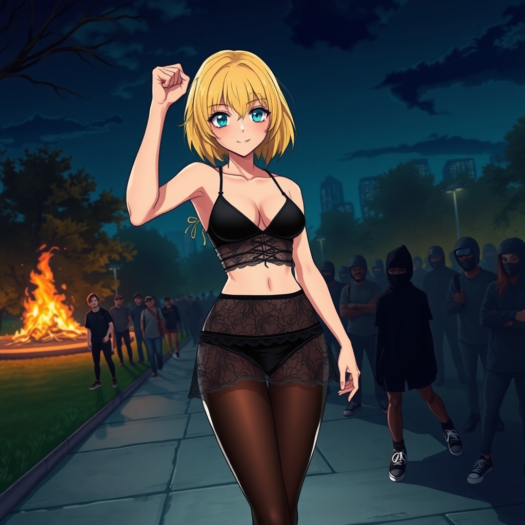 Anime art of a woman, medium blonde hair, a black, sleeveless crop top that reveals the woman's black bra and a high-waisted, patterned transparent mini skirt that showcases a mix of black and white colors and black-underwear. She is also wearing black sheer tights and black sneakers with white laces, raised fist. Park on fire at night from riots background, groups of black-rioters-thugs.