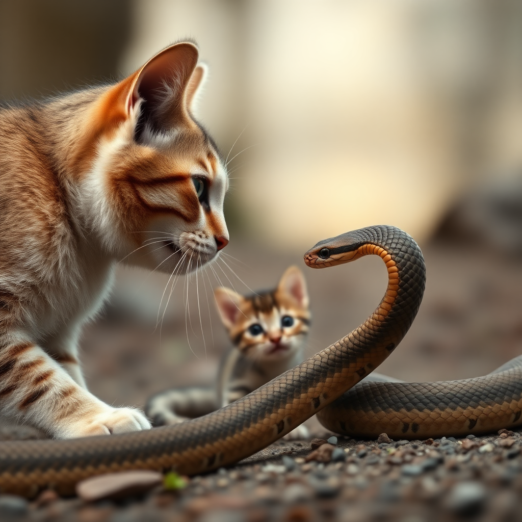 A mother cat faces off against a snake, with a kitten hiding behind the mother cat. It's a panoramic shot, taken from the side, in a realistic style.