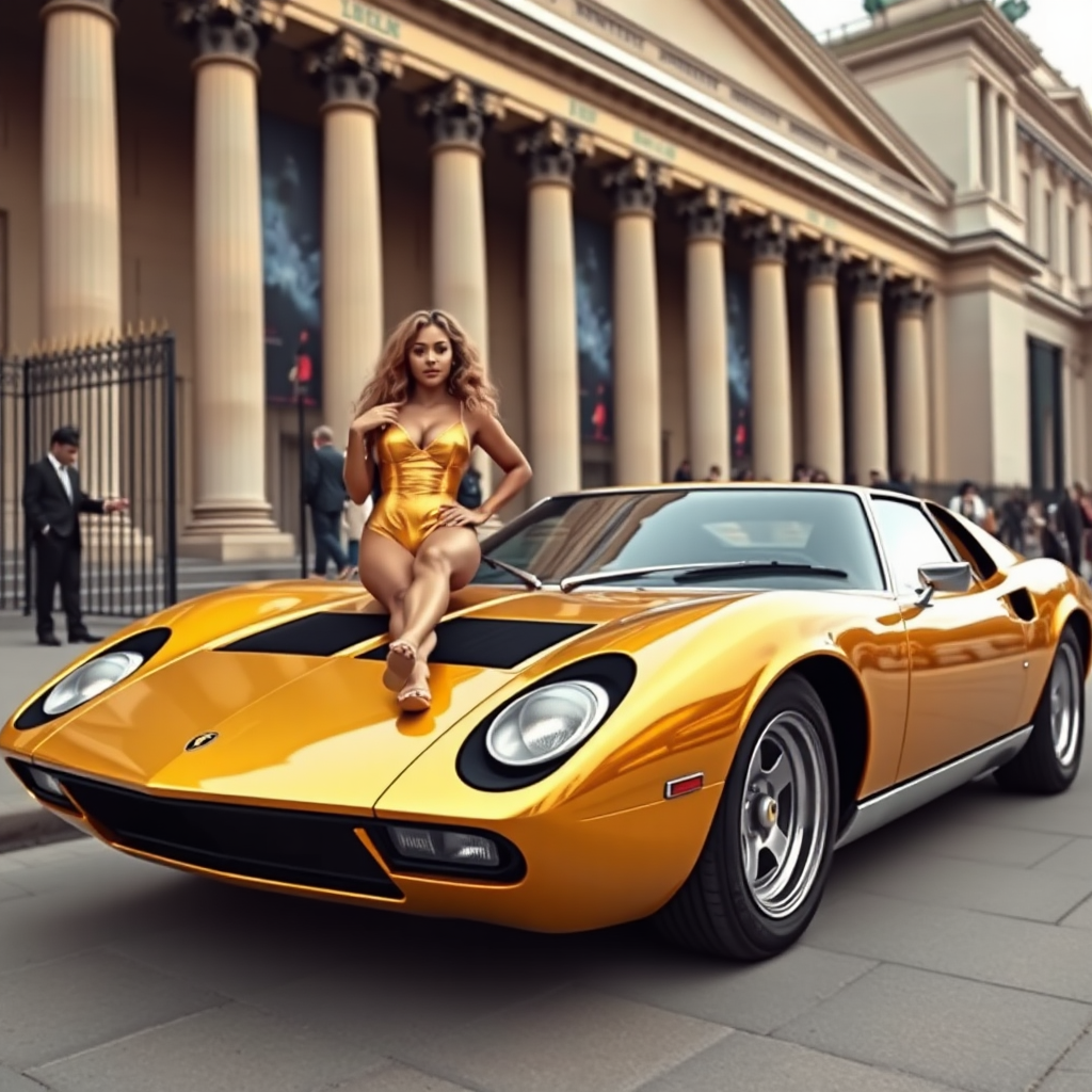 Lamborghini Miura in golden colour, parked in front of the British museum, with a Beyonce in a one piece golden swimsuit on one side