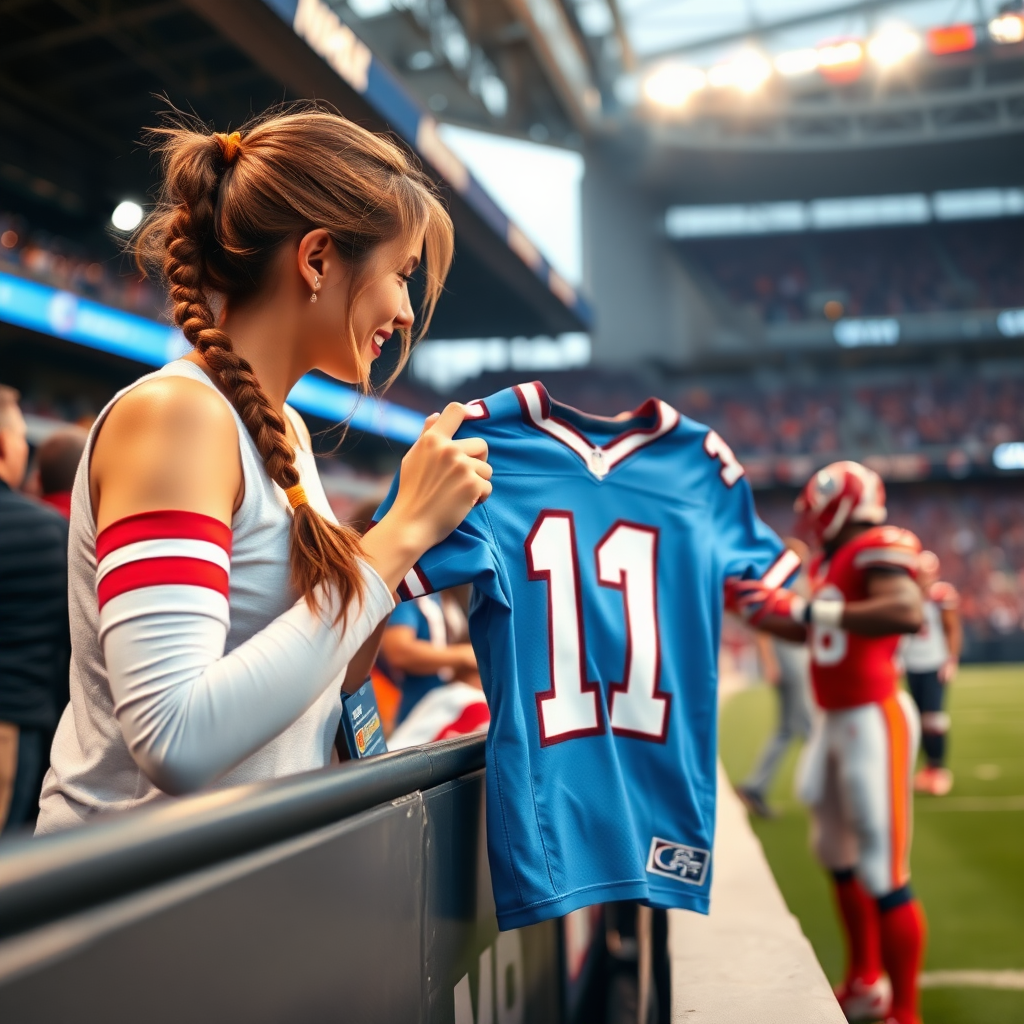 Attractive female NFL fan, pigtail hair, leaning forward over first row stadium barrier, handing over a spare jersey to NFL player who's in the field, player autographs it