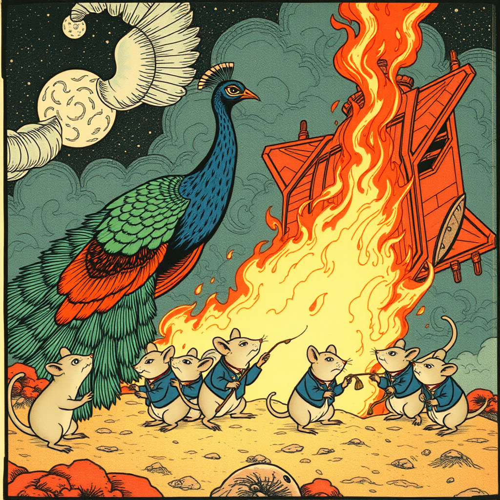 A peacock saving well-dressed rats from a burning spaceship, Chinese woodcut,