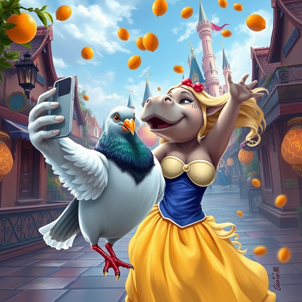 digital painting of a pigeon in snow white clothes taking a selfie in disneyland, a blonde hippo-mermaid dancing, oranges falling from the sky