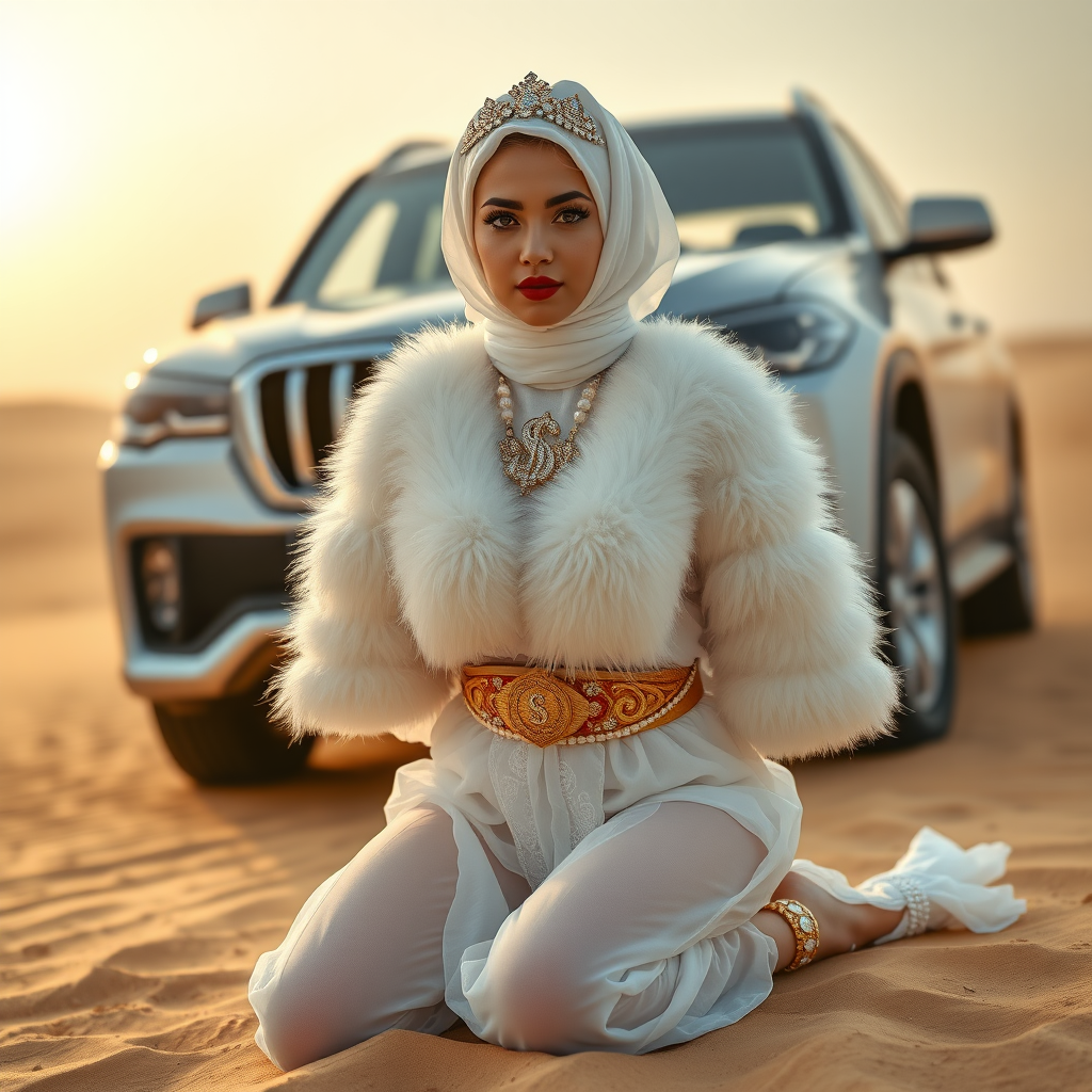 Kuwait desert dunes misty dawn, full size luxury SUV: Melissa, European 17 years old very convincing femboy “trophy-bimbo”, tamed servile docile, very beautiful feminine flawless face, rather short, by hormones very curvaceous womanly figured, platinum blond short tight curls, bold red lips, heavily made-up face, wearing Supertanya-style fluffy very fuzzy bright white angora turtleneck-poncho cropped ending under bust decorated with pearls and gemstones, striking oriental wide gold bridal protection belt, white fully transparent harem pants, full Oriental bridal jewelry including headpiece, white transparent Burka face veil covering noose and mouth, coin anklets, striking diamond “$$$” letter brooch on left chest, pout frustrated, hands tied behind back, kneeling in sand in front of SUV, looking at camera. Focus on face and turtleneck-poncho.