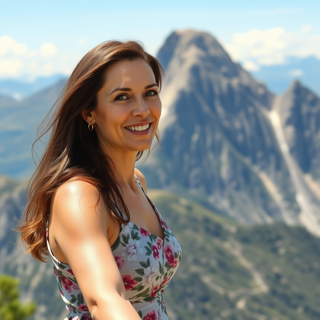 middle-aged woman, brown hair, slim, small, mountain-climbing a large, magnificent mountain in flower-pattern dress.