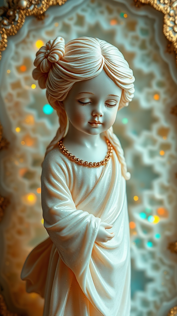 young girl statue, mandelbulb fractal, ultra-detailed, dynamic composition, artistic photograph, geode, alabaster, fractal, brilliant colors, glittering, illumination, transparency, translucent, opal, turquoise, gold, romanticism, sharp focus, wabi-sabi, pottery, floral