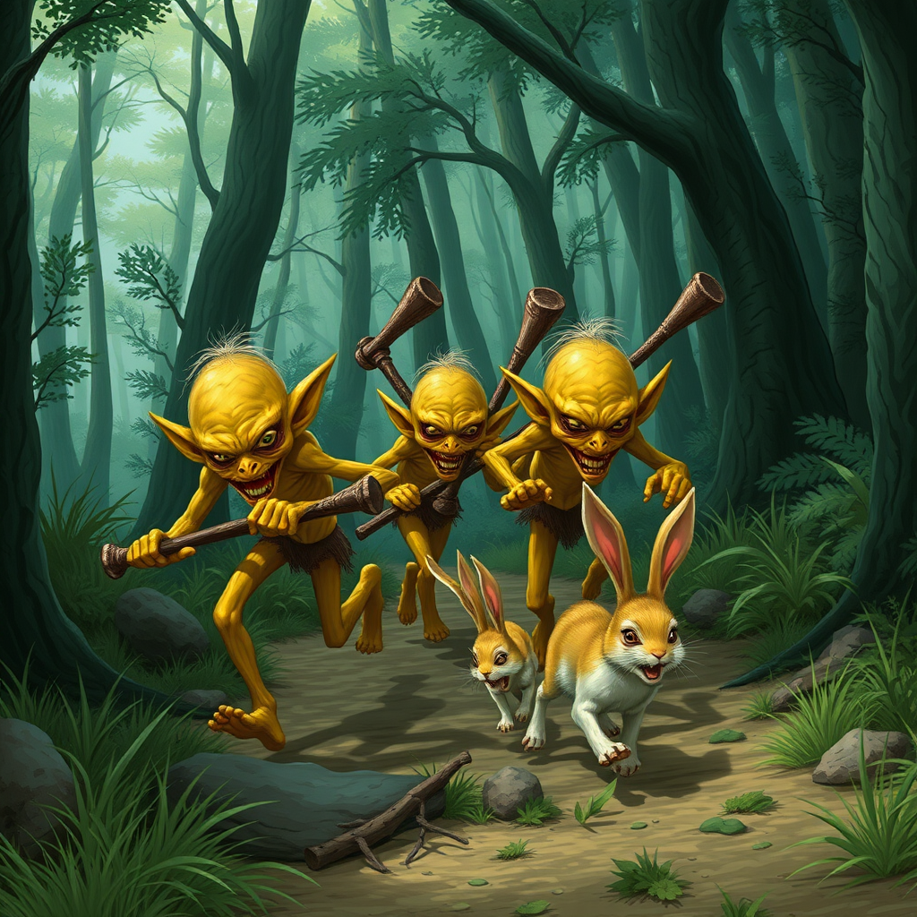 A realistic picture of several skinny, yellow goblins with wooden clubs chasing after a fleeing bunny along a forest path.