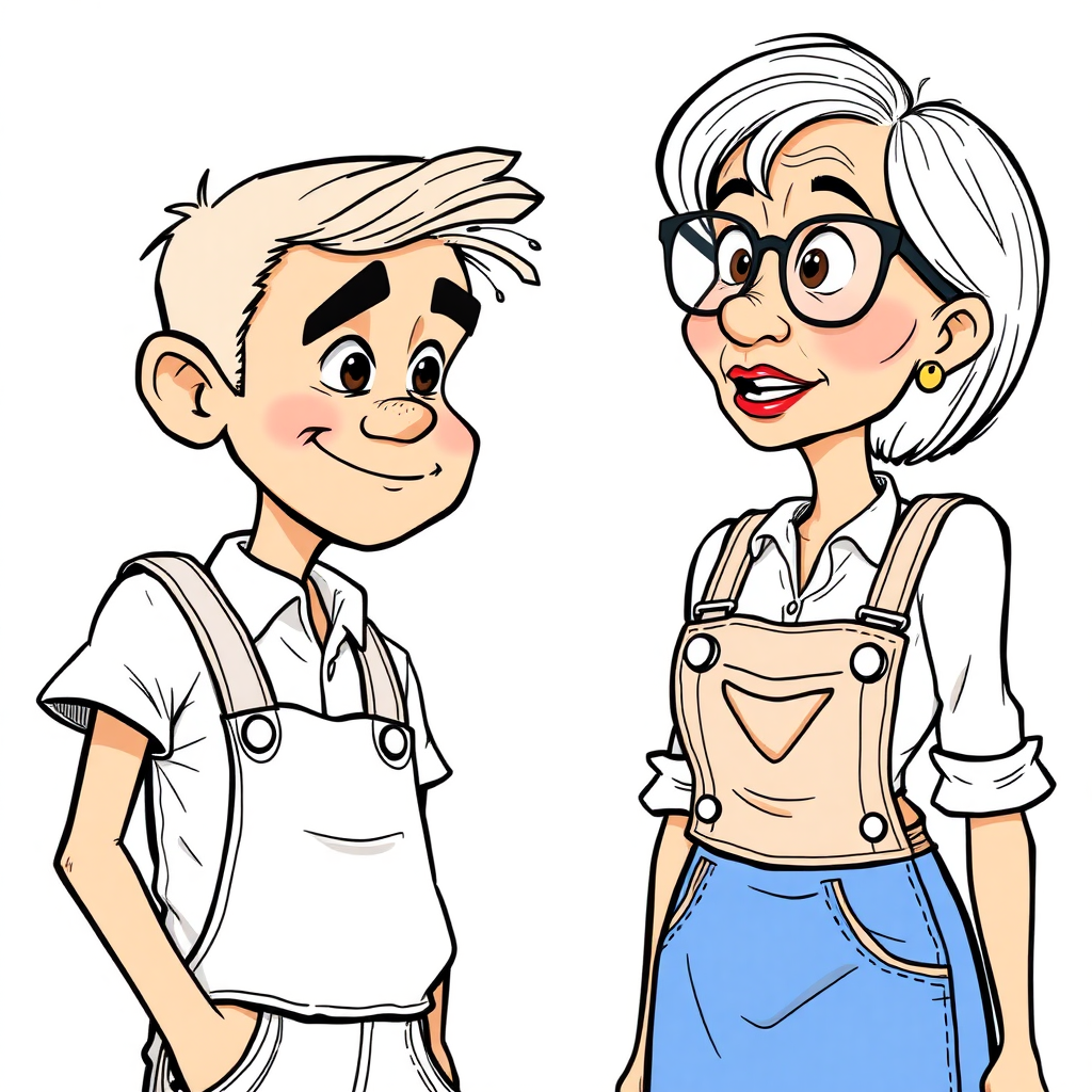 20 year old european skinny boy wearing work overalls is blushing excited while listening to a 55 years old, European, Latina, sharp aquiline nose, wrinkles, high cheekbones, Middle Eastern, skinny, tanned skin, dark light skin, rounded medium breasts, skinny thighs, full makeup, jewelry, serious face, sharp nose, shocked, blushing, open mouth, horny, ash hair, short bowl haircut, brown eye color, glasses, with detailed features. She is watching the boy, she is wearing a white shirt and a blue skirt, detailed fabric. full body, long establishing shot, 2D, caricature, cartoon, sketch lines, coloring book, black and white, coloring book style on white background, well composed, clean coloring book page, no dither, no gradient, strong outline, no fill, no solids, vector illustration.