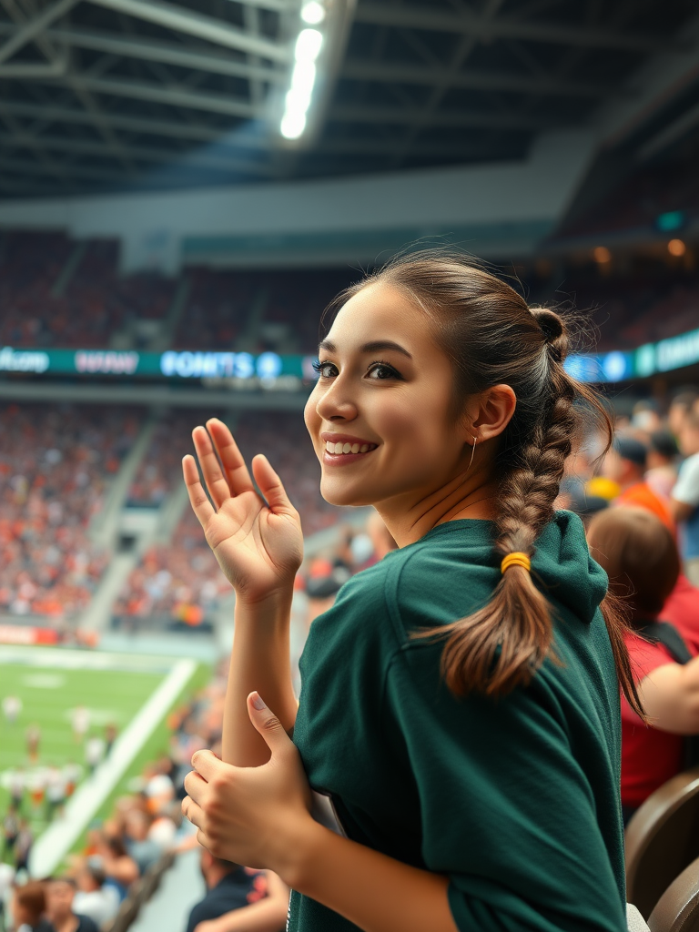 Attractive female NFL fan, pigtail hair, cheering, inside crowded bleachers, NFL stadium