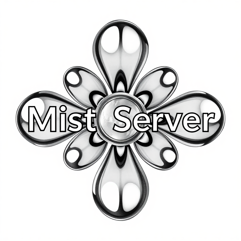 MistServer streaming media server logo in the style of Escher, reflective, raytracing, seven atom molecule, iron, metal, liquid, trickery, intricate details, clipart, line drawing with pencil shading