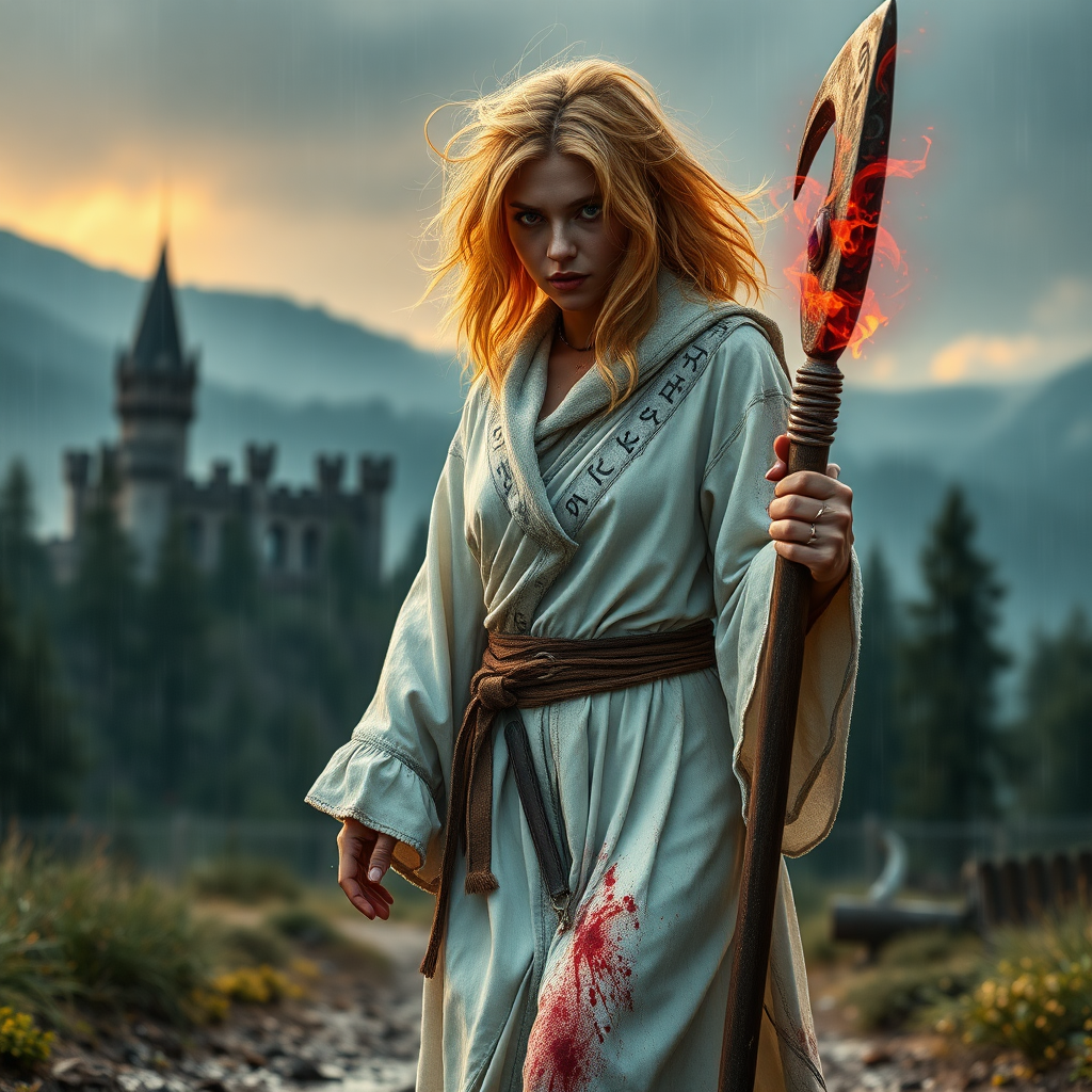 A full body shot of a pretty twenty-something female orc wizard with a face resembling Ana de Armas, walking towards the camera unsteadily. Strawberry blonde messy shoulder-length hair tussled by the wind. White robes covered in runes, magic aura swirling around her visibly, magic staff with a gem. It is dawn. She is bleeding and covered in soot and dirt. There is a ruined castle out of focus in the background. Forest and mountains, rain. Hyper-realistic, photorealistic digital matte painting, soft focus, film grain, lens flare. Gritty, dirty, scuffed.