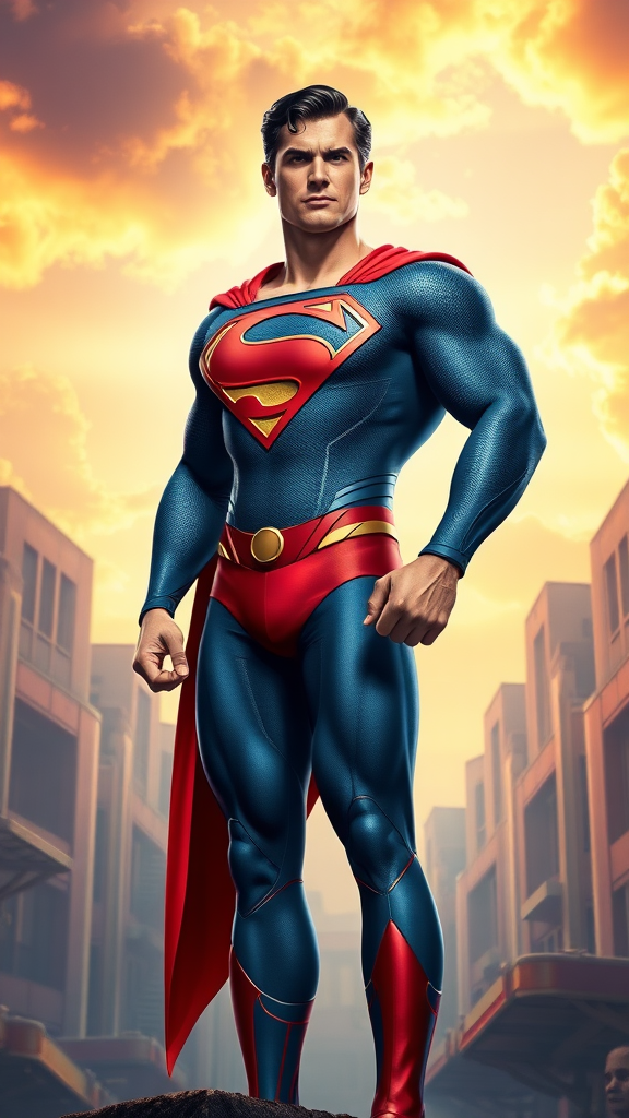 Create a full-length image of Superman using Elastigirl’s body structure. Retain Superman’s head, hairstyle, and facial features. Include his original costume, enhancing it with unique embellishments to match the new proportions. The background should draw inspiration from both Superman's iconic scenes and Elastigirl's vibrant settings, blending elements that reflect both characters’ worlds. Focus on vibrant colors and dynamic poses to emphasize the character's strength and flexibility. The overall composition should celebrate the essence of both heroes while showcasing this creative reinterpretation.