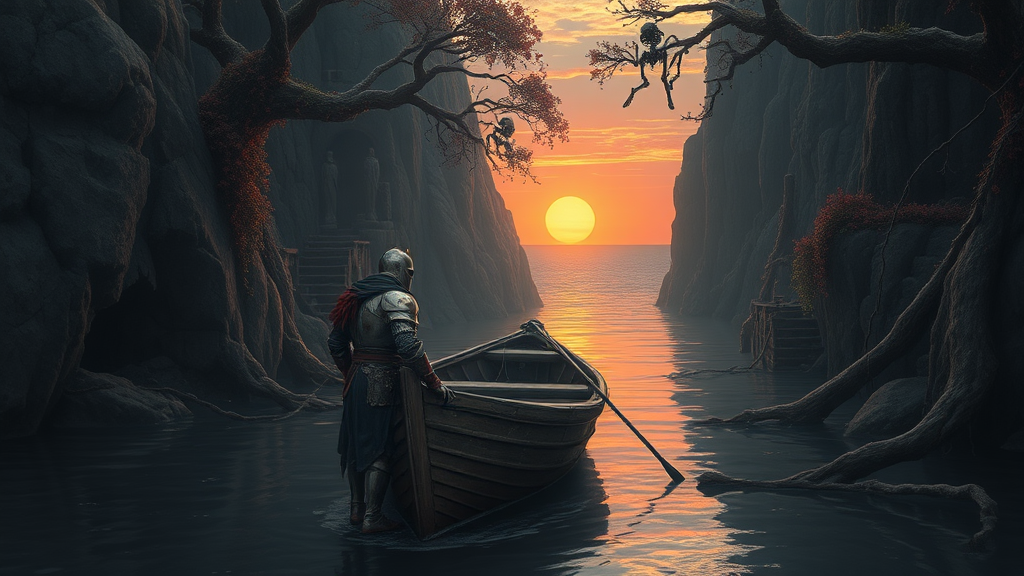 A solitary knight, his armor pockmarked and stained with crimson, leans against the bow of a small, rickety boat, shrouded in a somber light. He is surrounded by the grandeur of nature, as if he's been swallowed by its silent power. The river, a narrow waterway winding its way between towering cliffs, reflects the hues of the setting sun – a spectacle painted in shades of fiery orange and deep purple. The walls of the cliffs are a tapestry of nature's resilience, with ancient ruins crumbling and covered in vibrant foliage and vines. Skeletons of fallen warriors, their once-mighty armors now rusted and decaying, hang precariously from the branches of ancient trees, adding to the oppressive silence of the scene. The cliffs gradually open, revealing a glimpse of the vast ocean, its water a mirror of the sky ablaze with the dying light of the sun, offering both a sense of hope and isolation.