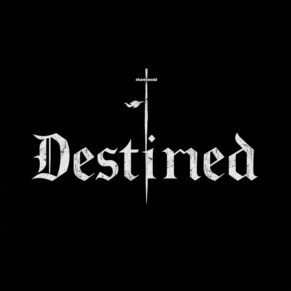 "Destined" with a sharp fort on a black background and with font. The 't' in the word is represented by a cross.