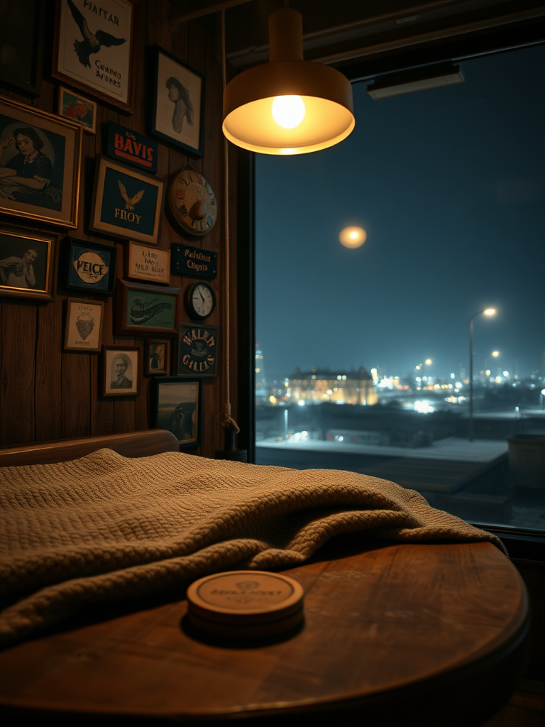 An amateur shot capturing a low, worn wooden lounge bar table, barely visible beneath a cozy, textured blanket that drapes over its surface, creating a warm and inviting atmosphere. A couple of used coasters rest on the blanket, hinting at recent gatherings. The soft glow of a dim overhead lamp casts gentle shadows, enhancing the intimate feel of the scene. In the background, a rustic wooden wall features an eclectic display of artwork and various items nailed to it—framed pictures, vintage signs, and unique decor pieces that reflect the character of the space. This backdrop, rich with personality, contrasts beautifully with the cozy table setting. Outside the window, a serene night landscape merges with a muted cityscape, where distant buildings and light poles softly illuminate the darkness, adding a touch of tranquility to the overall ambiance.