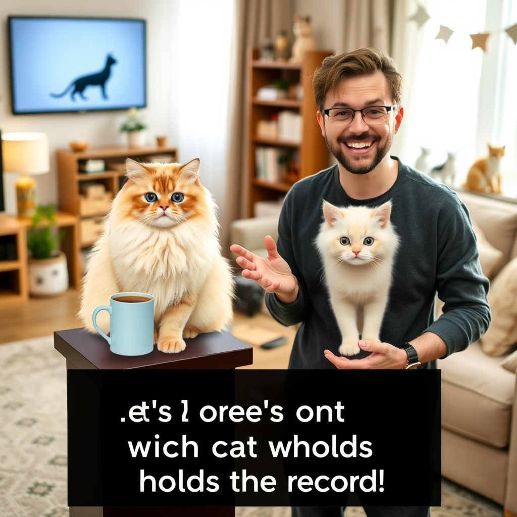 An engaging scene featuring a cat enthusiast presenting fun facts about the world's smallest cat. The presenter, smiling and excited, stands next to a life-sized illustration of the tiny Himalayan-Persian cat, which is 7 cm tall and 19 cm long, beside everyday objects like a coffee cup for scale. The background is a cozy, bright living room filled with cat-themed decorations, soft lighting, and a friendly atmosphere. The text ‘Let's find out which cat holds the record!’ is subtly displayed on the screen, creating a fun and interactive mood.