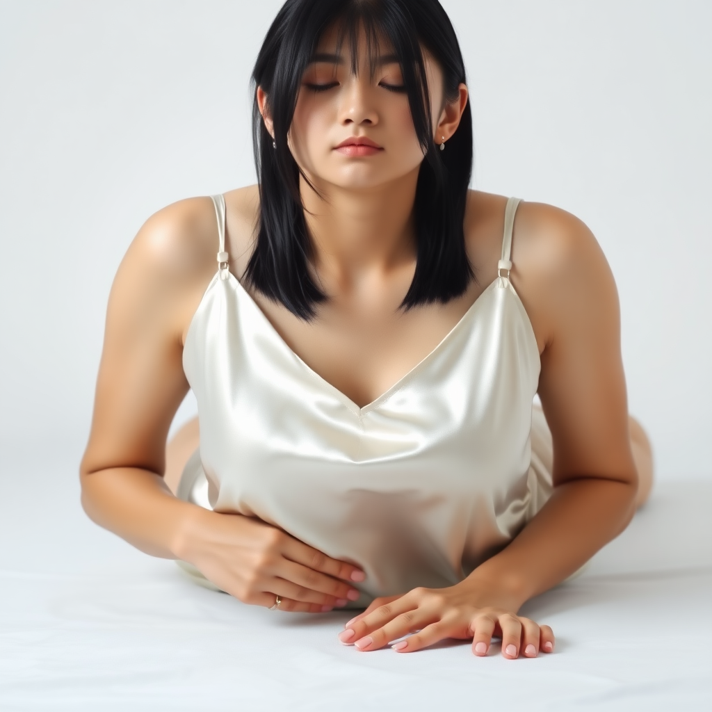 photorealistic upper body shot of a 30-year-old Japanese woman on all fours, wearing a satin camisole, hands and arms supporting upper body, soft sheen fabric, delicate straps, luxurious texture, subtle light reflection, studio lighting, natural makeup, shoulder-length black hair hanging down, gentle expression, plain white background, focus on torso and face, soft shadows, modest angle