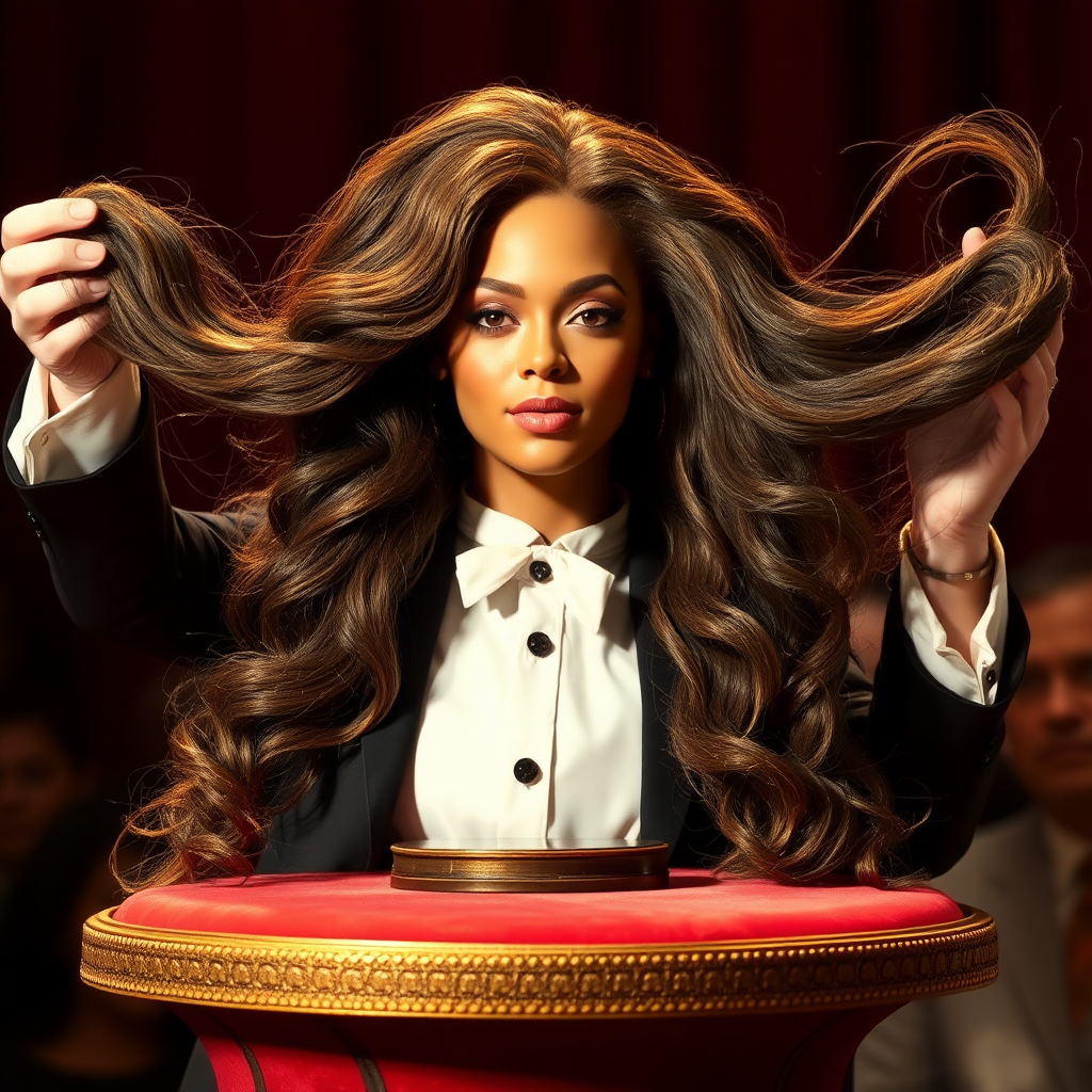 A magician captivates the audience with a stunning display of illusion. Atop an ornate velvet display stand rests the glamorous head of Beyoncé, her radiant complexion and striking features enhanced by glimmers of stage lighting. Her remarkably long hair cascades elegantly, flowing like a waterfall of rich, dark silk, and the strands glisten with hints of gold as they catch the soft light.

The magician holds up the luxurious mane with a flourish, spreading it wide for everyone to admire. The air is charged with suspense as he expertly manipulates the hair, twirling it gracefully around his fingers, creating mesmerizing shapes that seem almost alive.