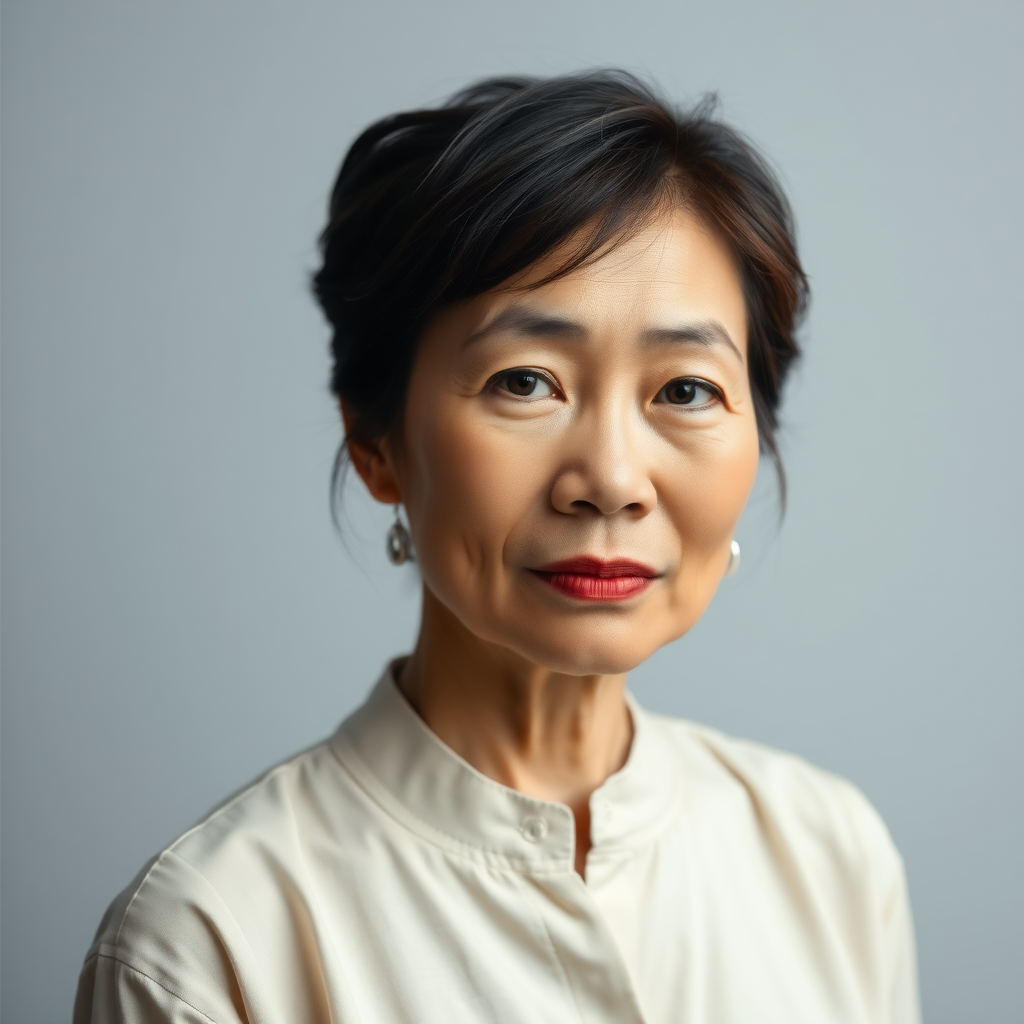 A 40-year-old Chinese woman, dressed in a simple shirt, half-body portrait, with a hint of shyness in her eyes, soft studio lighting, ultra-high definition, realistic photo style.