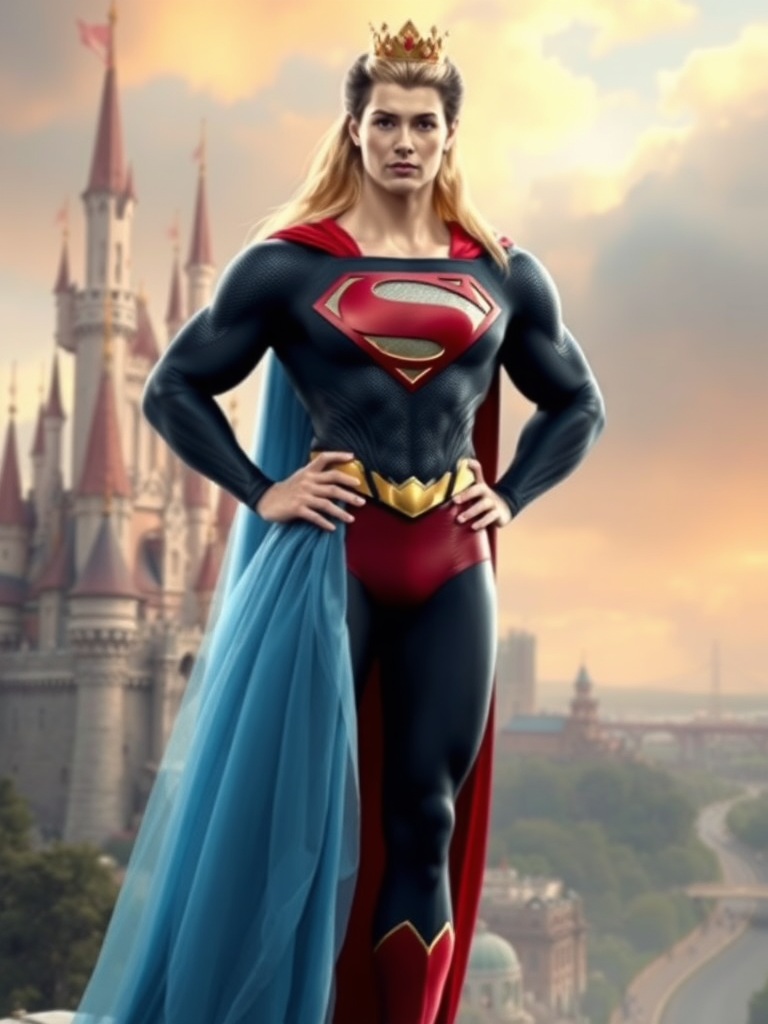 Generate a full-length image of Princess Aurora with the body type of Superman, while keeping her head intact. Make modifications to her body traits, such as enhancing her muscular structure, to match Superman's physique. Additionally, create an appropriate background that suits both characters, such as a blend of a fairytale castle and a futuristic cityscape. Please ensure the image is detailed, well-lit, and visually appealing.