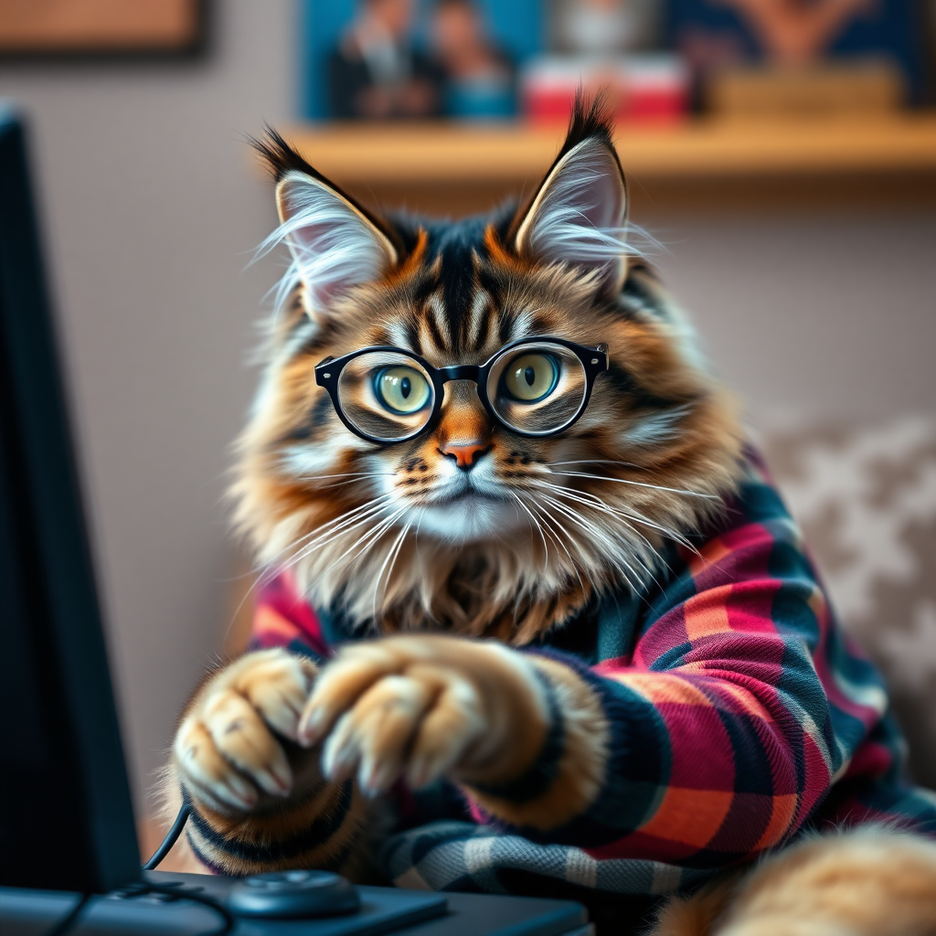 A Maine Coon cat playing a video game wearing semi-round glasses and a flannel shirt.