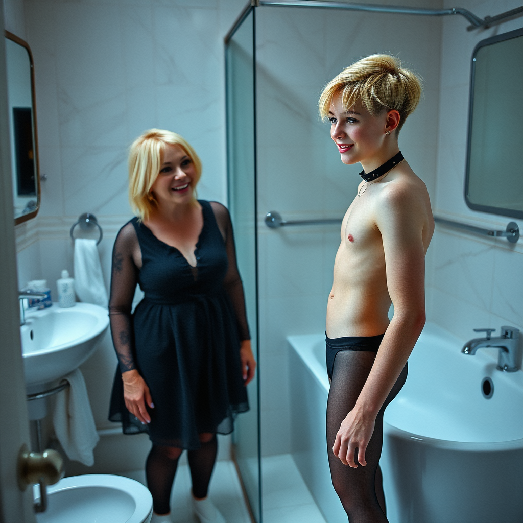 photorealistic, ultra high resolution, 16K, surreal fantasy, studio lighting, a 35 year old mother who is fully dressed for work is watching her pretty 14 year old goth son, slim male physique, short blonde hair, goth makeup, earrings, pantyhose, white ballet shoes, in the bathroom, excited smile, facing the camera.