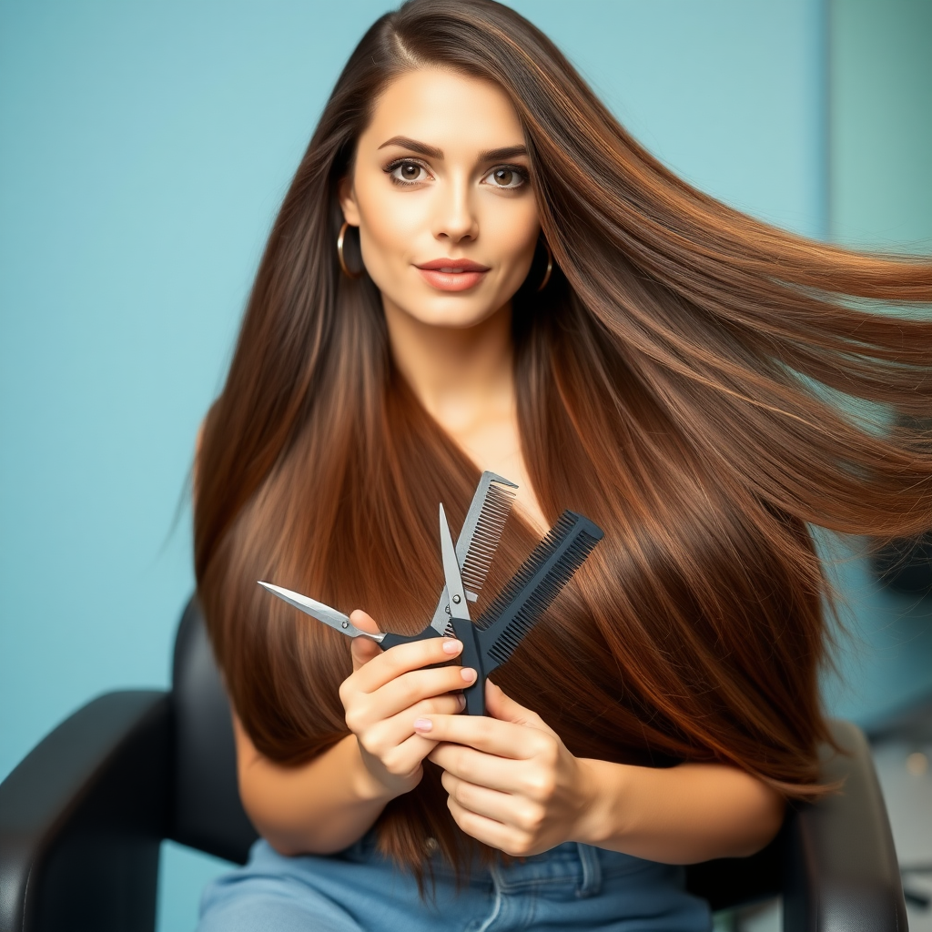 A beautiful woman sitting in a hair salon looking at the camera. Her very long hair meticulously fanned out. She is holding a comb and scissors in an invitation to cut her hair. Plain light blue background.