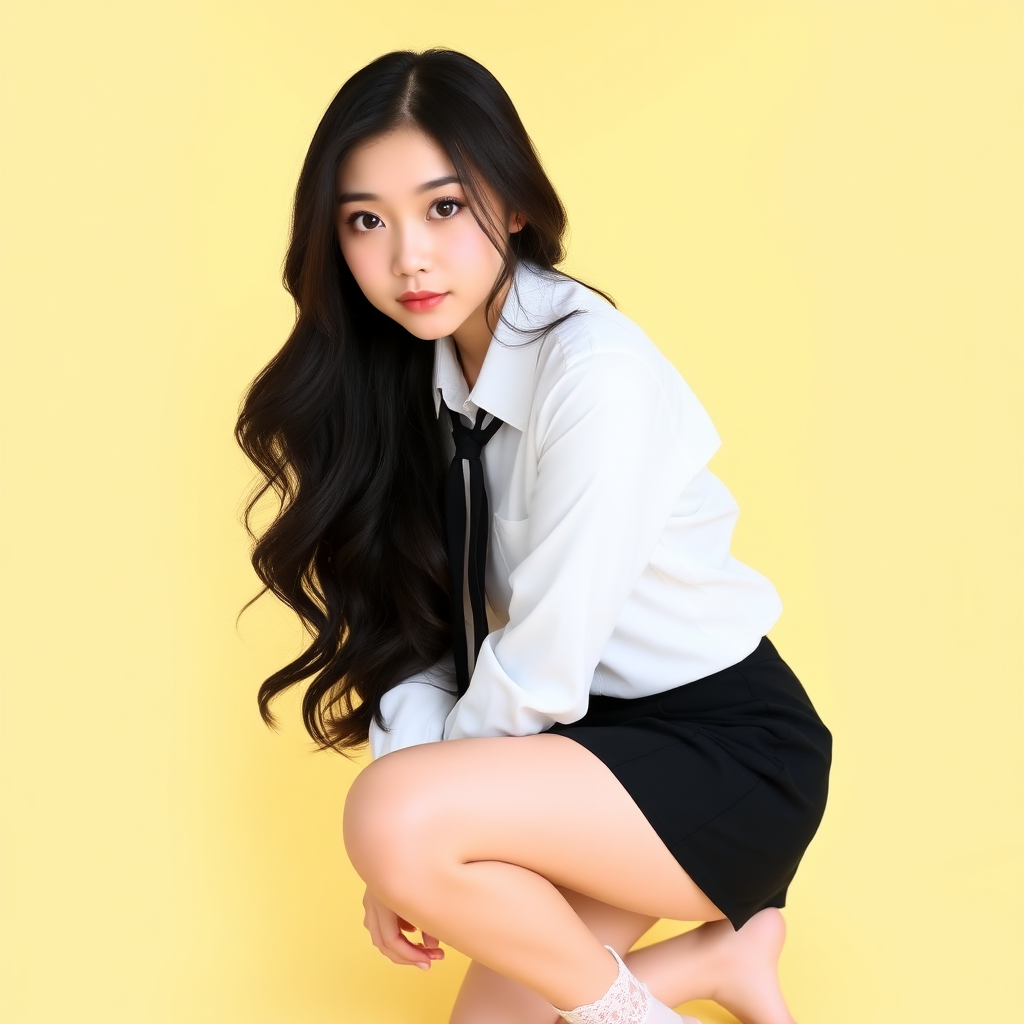 Asian portrait. A young woman, possibly in her early twenties, with long, wavy black hair and fair skin, is kneeling in front of a light yellow background. She has lovely eyes and is looking towards the camera. She is wearing a white shirt with a tie, a black mini skirt, white lace stockings and no shoes.