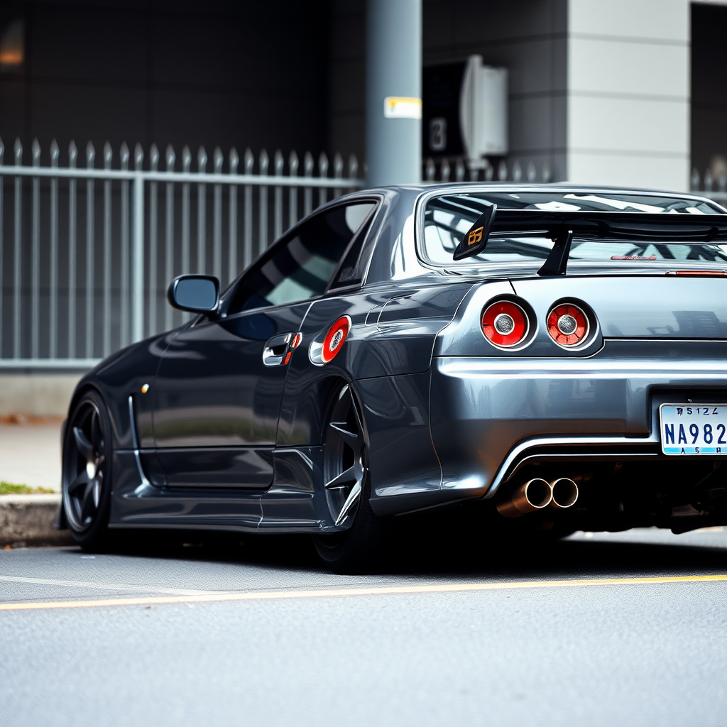 The car is parked on the side of the road, inspired by Taiyō Matsumoto, tumblr, restomod, nd4, c4 metallic shine gray black nissan skyline r34 kalabalik tokyo gece arkaplan