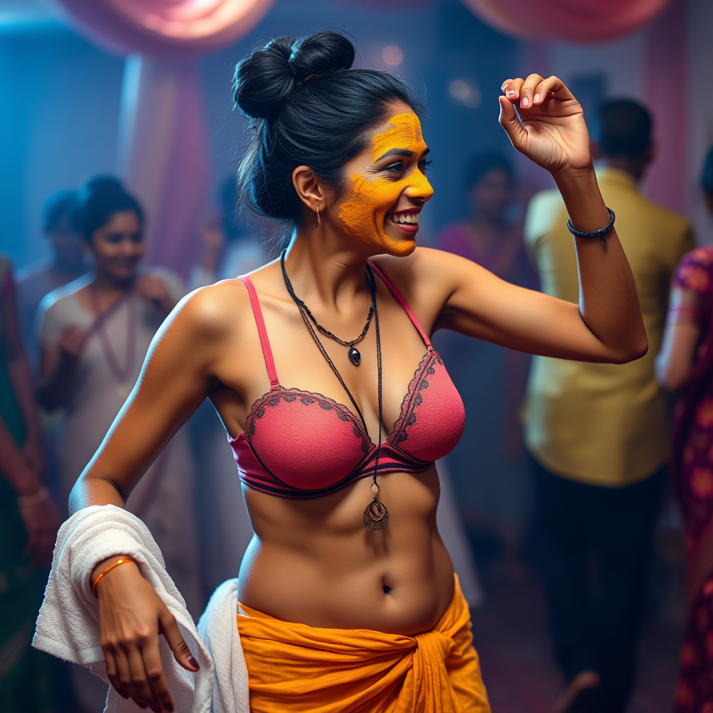 A skinny, 30 year old Indian wife with a hair bun, wearing a bra, skirt, and a short towel on her shoulder. Her face is covered with a turmeric face mask. She is dancing at a party.