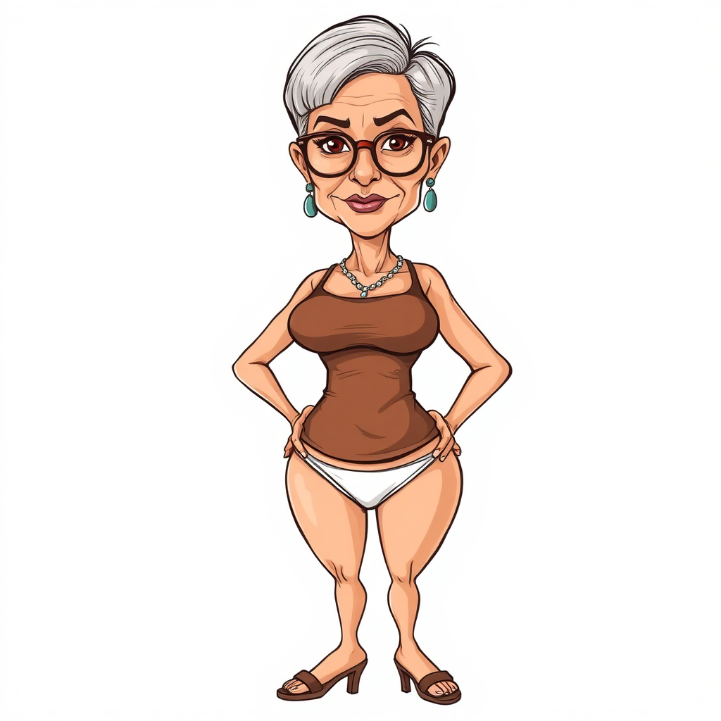 a towering 55 Years old, fit, slim, European, Latina, sharp aquiline nose, wrinkles, high cheekbones, Middle Eastern, Skinny, Tanned skin, Dark light skin, Rounded Medium breasts, Skinny thighs, full Makeup, jewelry, Serious face, Sharp nose, Ash hair, short bowl haircut, Brown eye color, Glasses, with detailed features. Hands on hips, she is wearing a brown tight tank top and tight white thong, detailed fabric. full body, high heels sandals, she is gesturing at the viewer, 
long establishing shot, 2D, caricature, cartoon, Sketch lines, coloring book, nlack and white, coloring book style on white background, well composed, clean coloring book page, No dither, no gradient, strong outline, No fill, No solids, vector illustration, realistic proportions