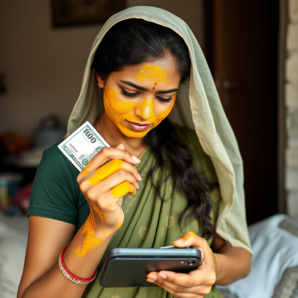 slim, curvy, 30 year old indian maid with hair covering, turmeric paste on her face. she is stealing money from wallet.