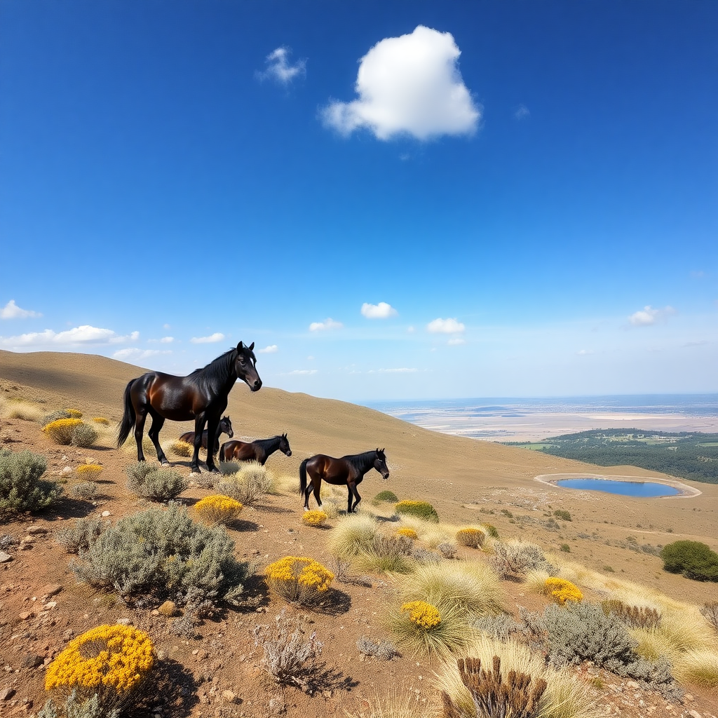 Long high plain with its dark wild ponies, Mediterranean vegetation with cistus, myrtle, oaks, junipers, with small lakes and rocks and blue sky with white clouds.