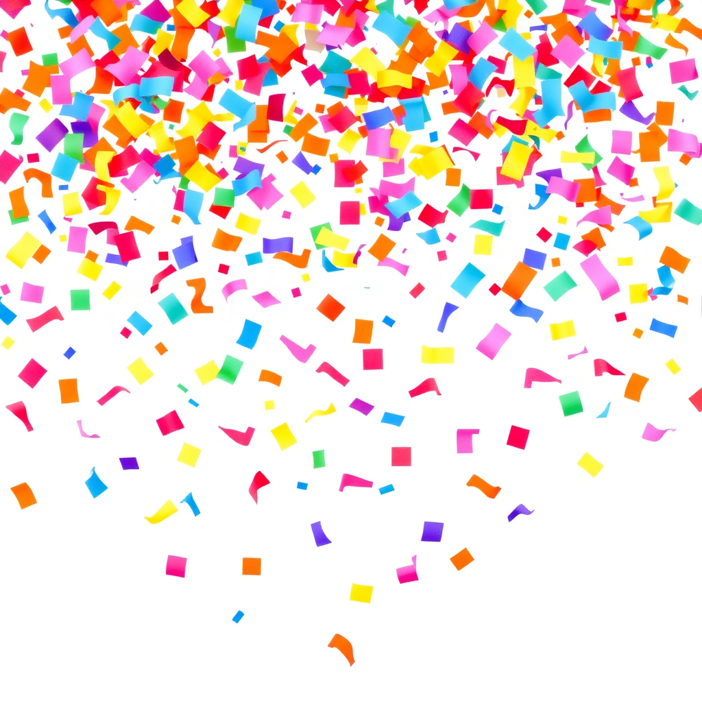 A high-resolution, vibrant image of lots of big, colorful confetti pieces falling in the air, plain white background, clean, professional look, stock photo