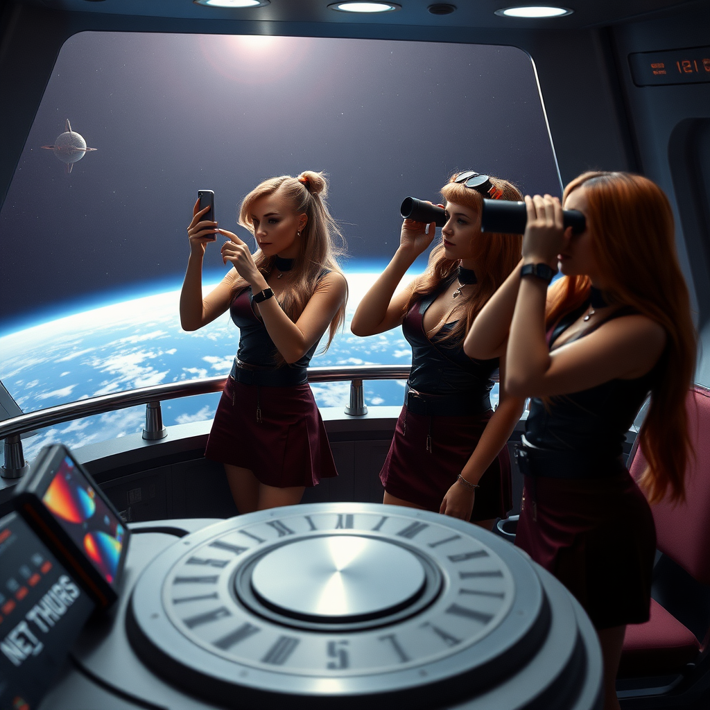 the sugababes in girl band clothes are on the bridge of the starship enterprise in high earth orbit - one is taking a photo of the earth with a mobile phone 
 - the other is looking through a pair of binoculars