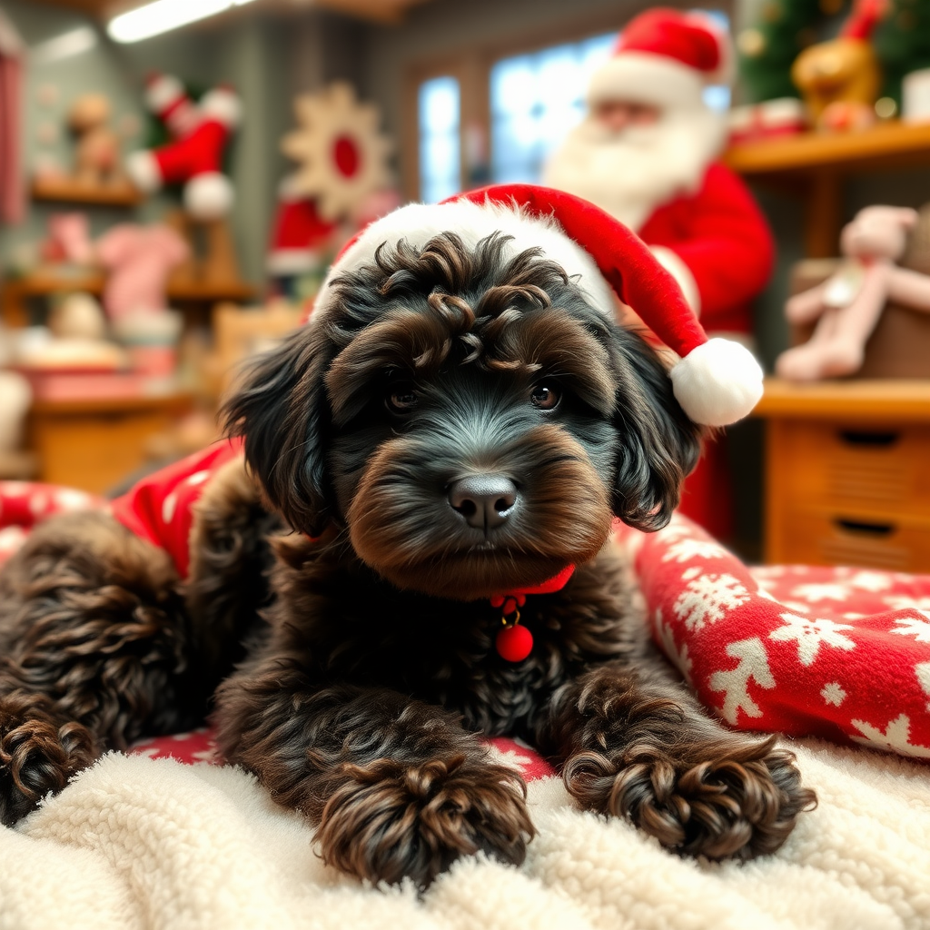 medium sized dark chocolate colored cockapoo, laying on super soft blankets, with a Christmas outfit, in Santa's workshop