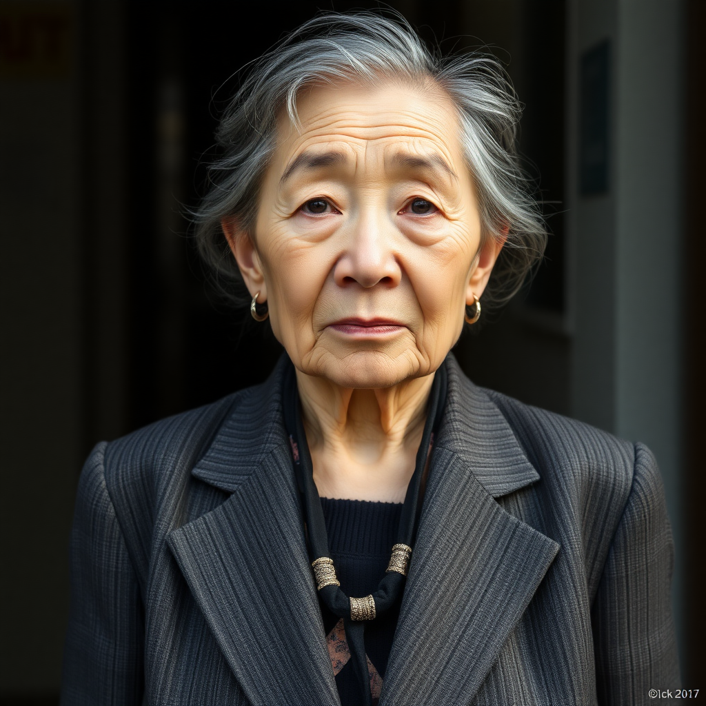 70-year-old Korean woman, suit, upper body, frontal photo