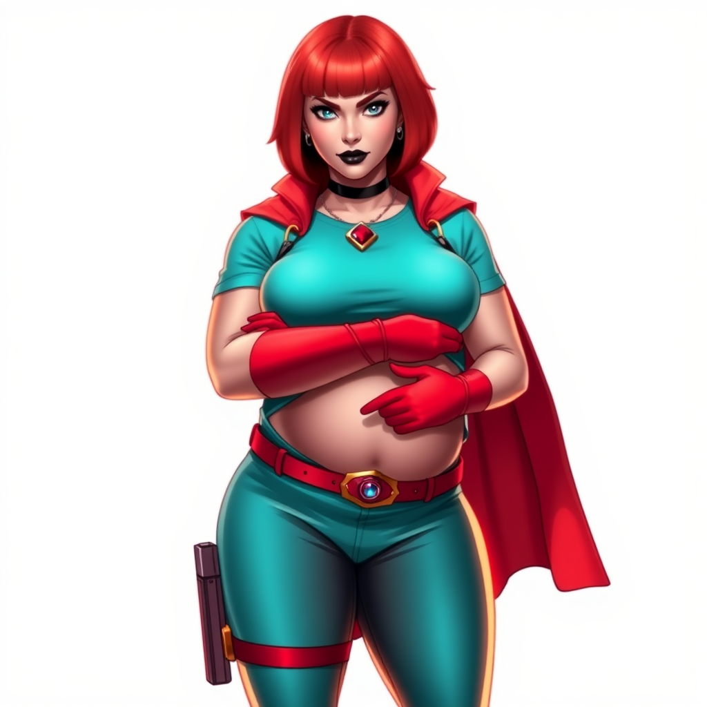 A 26-year-old, full-figured, magical girl vigilante detective becomes the heavily pampered mystical ally of her cyberpunk vigilante older brother figure. She has a bright red bob cut, black lipstick, and piercing bright blue eyes. She has a new non-athletic build, now highlighted by a prominent, round, gargantuan midsection (fully focused on her gargantuan belly), which shows the aftermath of her new pampered lifestyle. Despite her pampered physique, she shows full confidence. She wears a magical girl detective costume consisting of a gargantuan, magical, tight-fitting, maximum turquoise t-shirt (accentuating and emphasizing her gargantuan belly), maximum turquoise biker pants, complemented by a glowing neon red cape, a mystical ruby amulet (which is the source of her mystical powers), and magical red gloves glowing neon red. Her magical girl detective costume covers all her skin and emphasizes her full-figured physique (especially her gargantuan belly). Her stance is firm and resolute, arms crossed, exuding a no-nonsense attitude. Her costume reflects the influence of DC New 52 Prime Earth’s Phantom Lady, Jennifer Knight, while her pose embodies the moral ambiguity and determination reminiscent of DC’s Pax Americana’s The Question. She is on a solid white background. She is drawn as if she was in a retro 2D cyberpunk fighting game. She is clearly non-athletic, with a focus on her full-figured physique (especially her gargantuan belly). Make sure that her t-shirt covers all of her bare skin (especially her gargantuan belly).