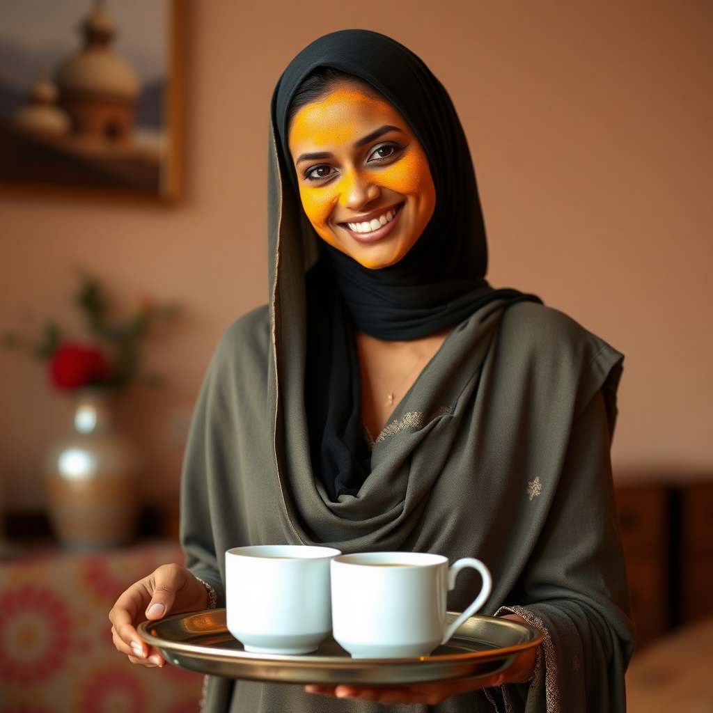 slim, 30 year old, sexy, traditional indian wife, hijab, turmeric face mask. She is smiling and serving coffee on a tray to guests.