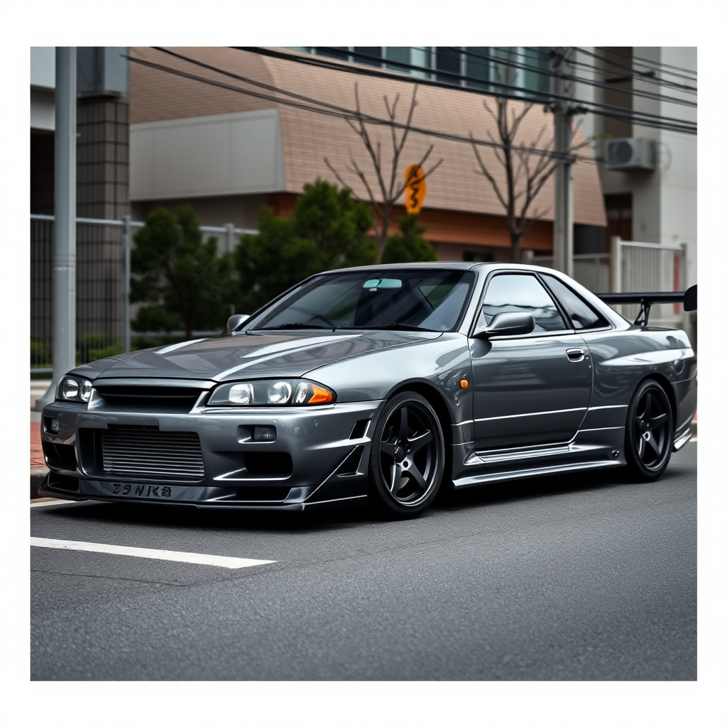 The car is parked on the side of the road, inspired by Taiyō Matsumoto, tumblr, restomod, nd4, c4 metallic shine gray black nissan skyline r34 tokyo arkaplan hatasız tam eksiksiz ayrıntılı genel gerçek detaylar en iyi fotoğraf poz sinematik hafif yağış su damlalar yansıma ıslak yol need for speed tarzı body kit